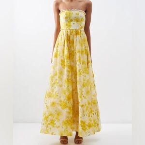 Zimmermann Wonderland Strapless Shell-Trim Gown (Daffodil Print)